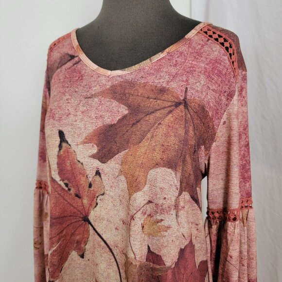 One World Leaf Print Dress Red M Medium Women's NEW long sleeve embroidered - Picture 2 of 11